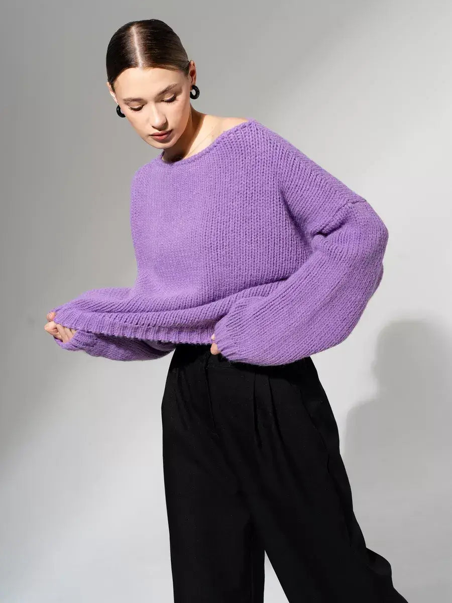 Lavina Sweater by Lauven - Oversized Off-Shoulder Knit in Lavender, perfect for fall and winter fashion.