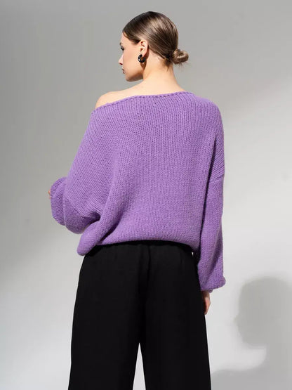 Lavina Sweater by Lauven - Oversized off-shoulder knit in lavender, perfect for versatile fall and winter styling.