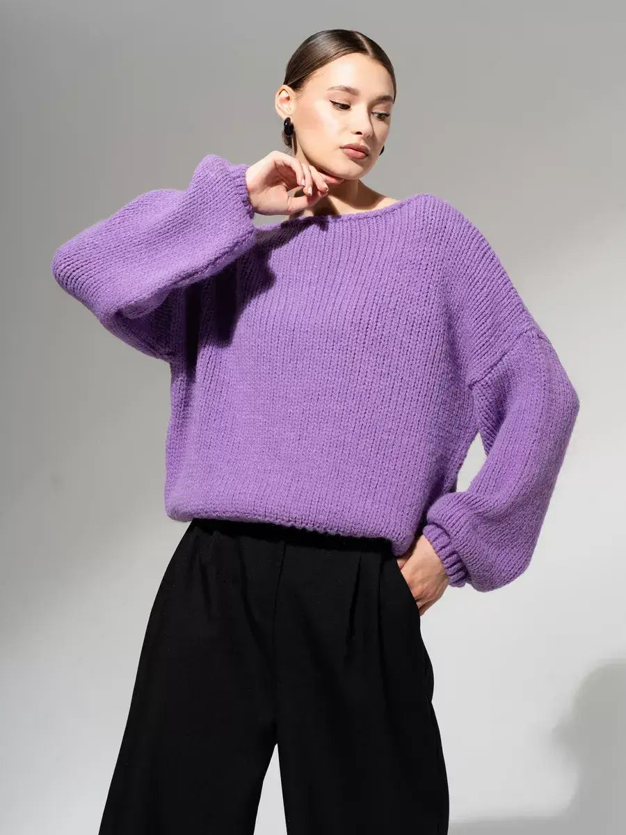 Lavina Sweater by Lauven - Oversized off-shoulder knit in lavender, perfect for fall and winter.