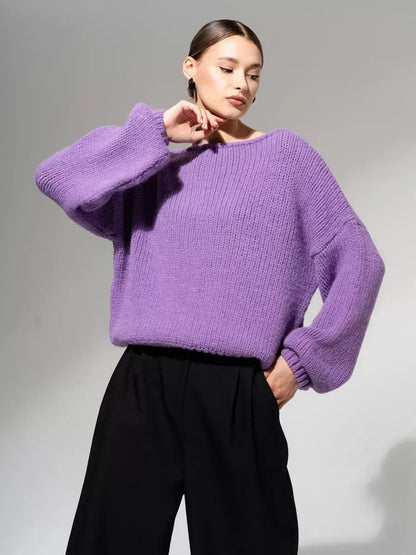 Lavina Sweater by Lauven - Oversized off-shoulder knit in lavender, perfect for fall and winter.
