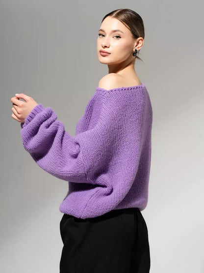 Lavina Sweater by Lauven, oversized off-shoulder knit in luxurious lavender for fall and winter fashion.