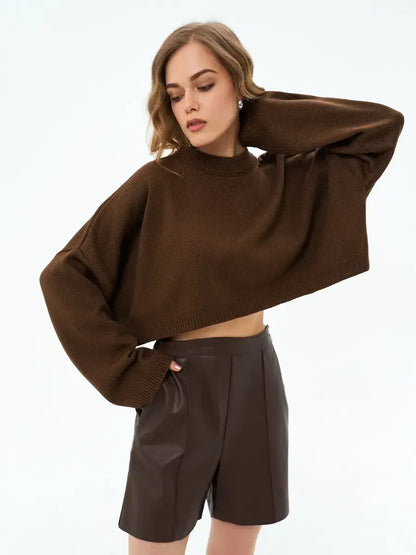 Mocha Sweater by Lauven — Cropped oversized knit in rich brown, showcasing comfort and contemporary fashion.