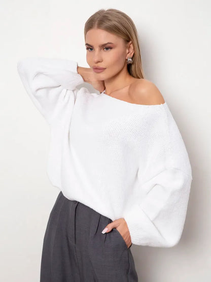 Snowfall Sweater by Lauven - Oversized women's white knit sweater with boat neck design.