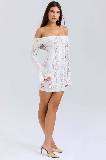 Off-shoulder white lace mini dress with bell sleeves, perfect for summer weddings and formal events.