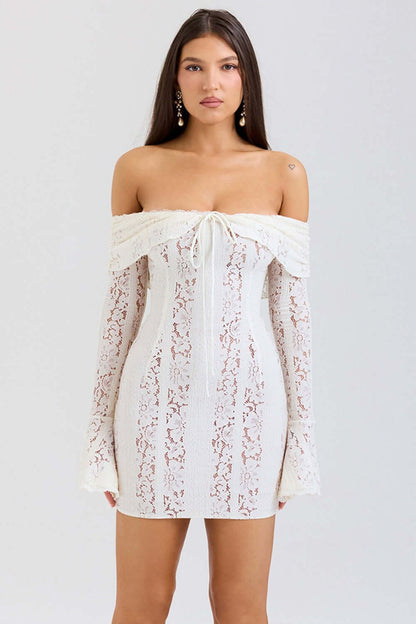Lea Mini Dress: off-shoulder lace mini dress with corset bodice, floral lace, and bell sleeves for women.