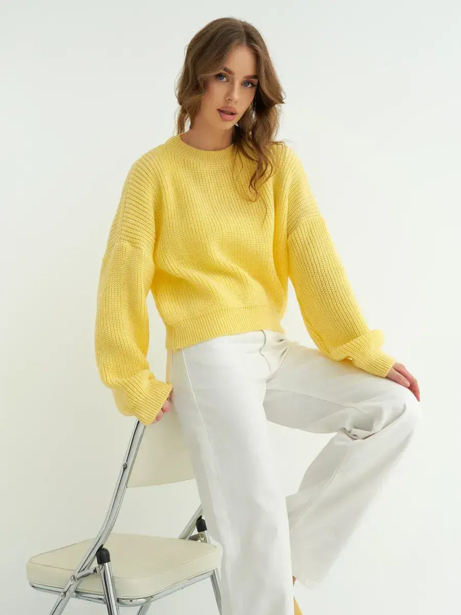 Lemonade Sweater by Lauven, oversized knit in bright yellow, perfect for cool days and transitional seasons.