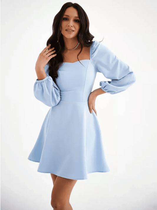 Light blue mini dress with square neckline and puffed sleeves, perfect for summer, weddings, and special occasions.