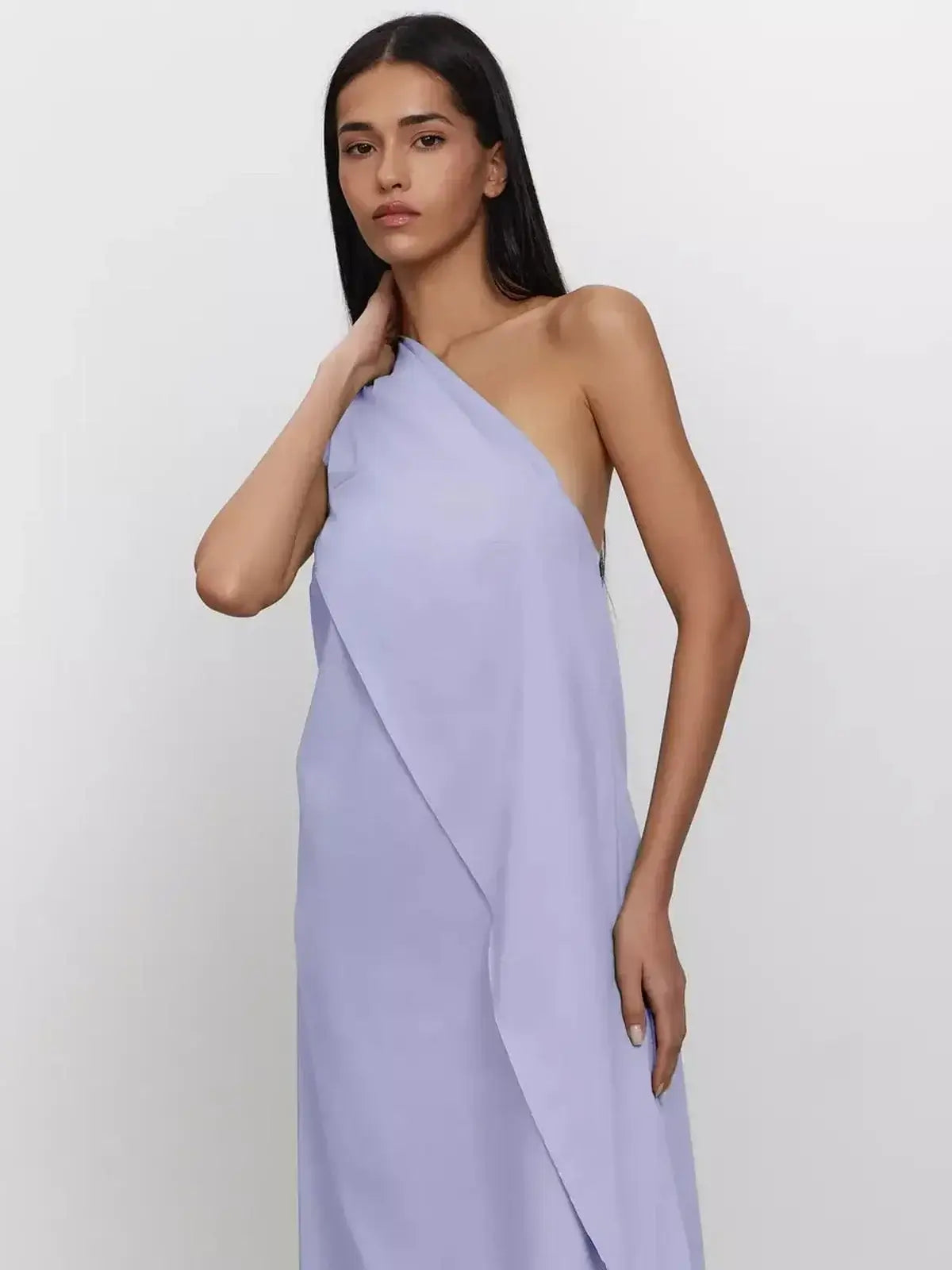 Lilac Flow Maxi Dress featuring one-shoulder design with soft draping, perfect for summer elegance.