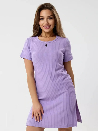 Lilac Ripple mini dress by Lauven in light violet features ribbed texture and short sleeves for a stylish look.
