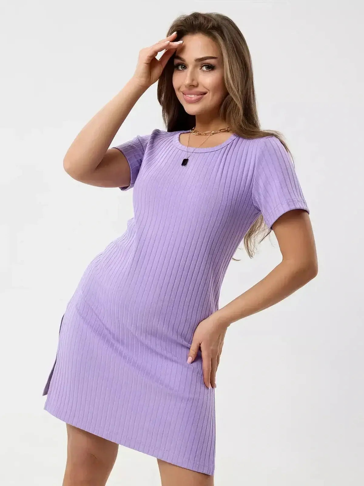 Lilac Ripple by Lauven, a stylish light violet ribbed mini dress with short sleeves and side slits.