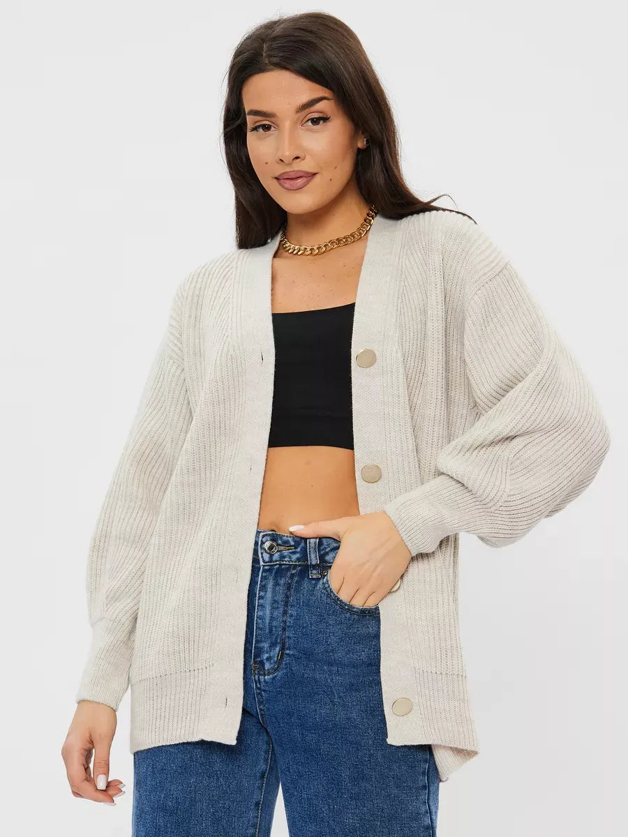 Linen Cardigan by Lauven in light gray, oversized, cozy knitwear for women, perfect for cooler seasons.