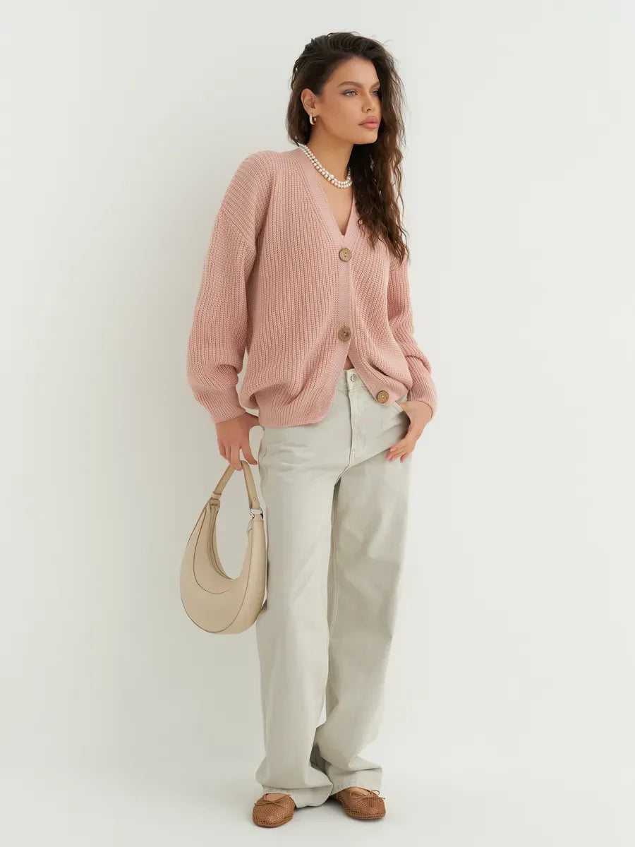 Liora Cardigan by Lauven – Soft powder pink oversized knitwear perfect for layering in any season.