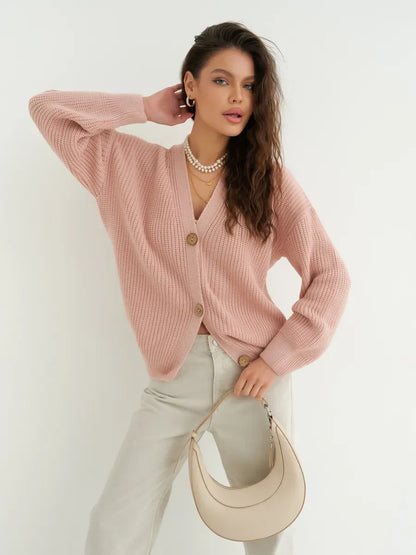 Liora Cardigan by Lauven - Soft powder pink oversized knitwear with textured fabric, perfect for layering.