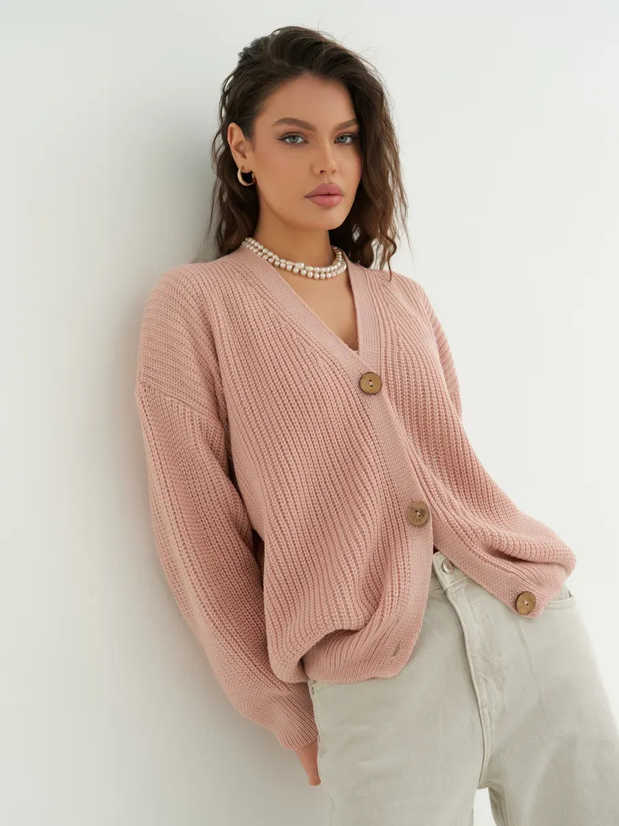 Liora Cardigan by Lauven, soft powder pink oversized knitwear featuring button details and a cozy fit.