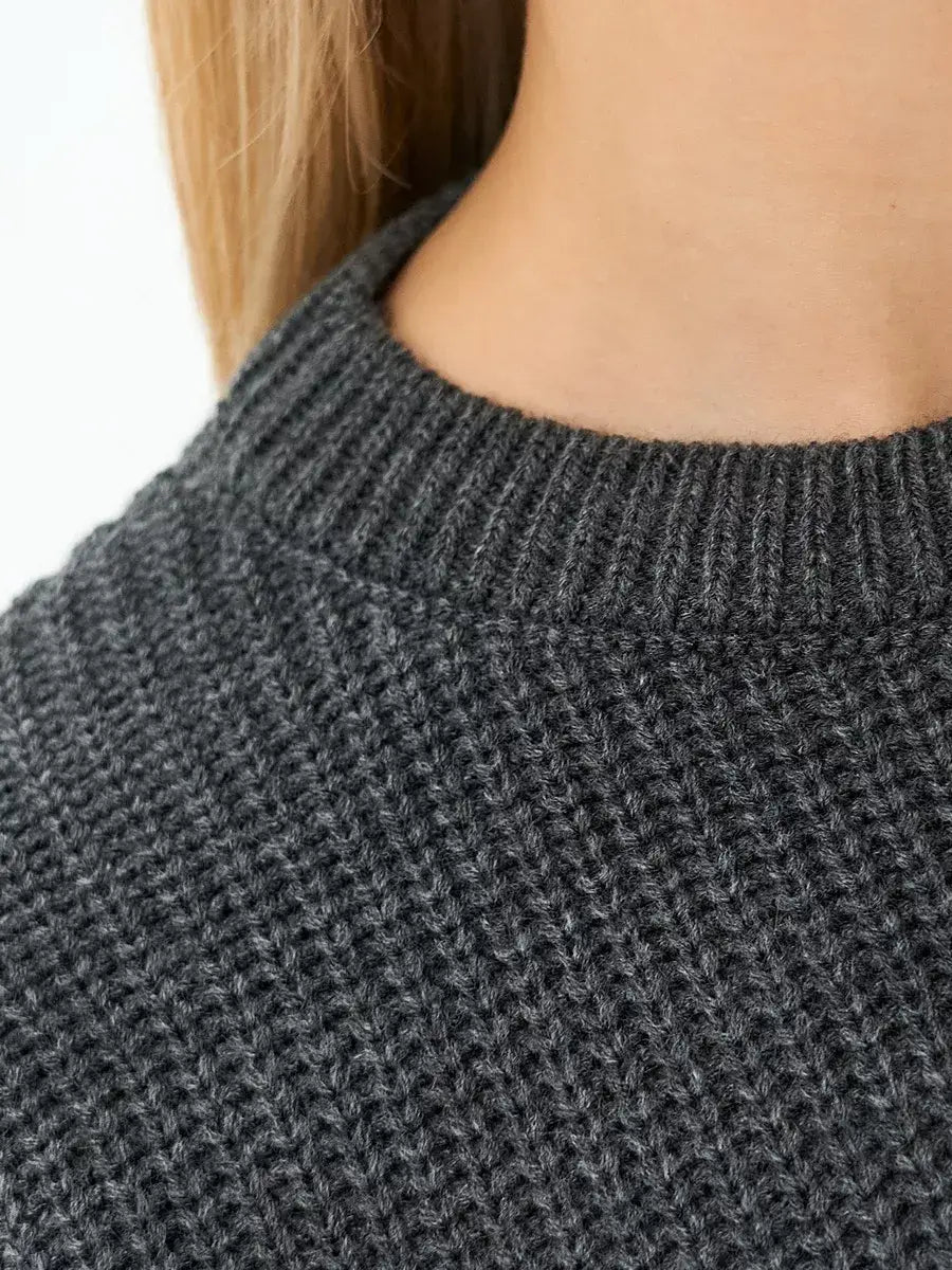 Luna Sweater by Lauven, close-up of soft textured knit fabric in deep charcoal gray.