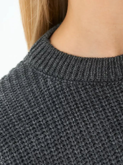 Luna Sweater by Lauven, close-up of soft textured knit fabric in deep charcoal gray.