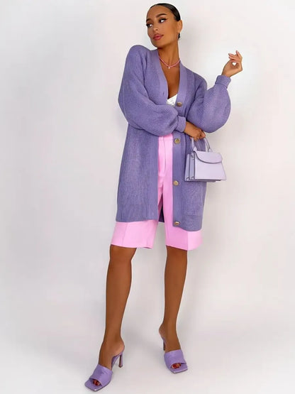 Lunaria Cardigan by Lauven, oversized lavender knit cardigan with a longline silhouette, styled with pink outfit.