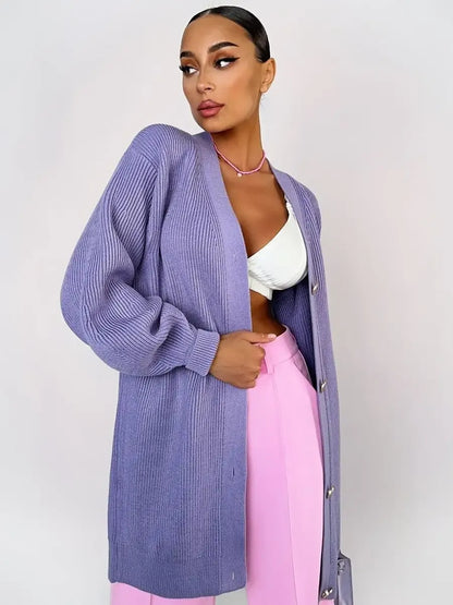 Lunaria Cardigan by Lauven - Oversized lavender knit with elegant longline silhouette.