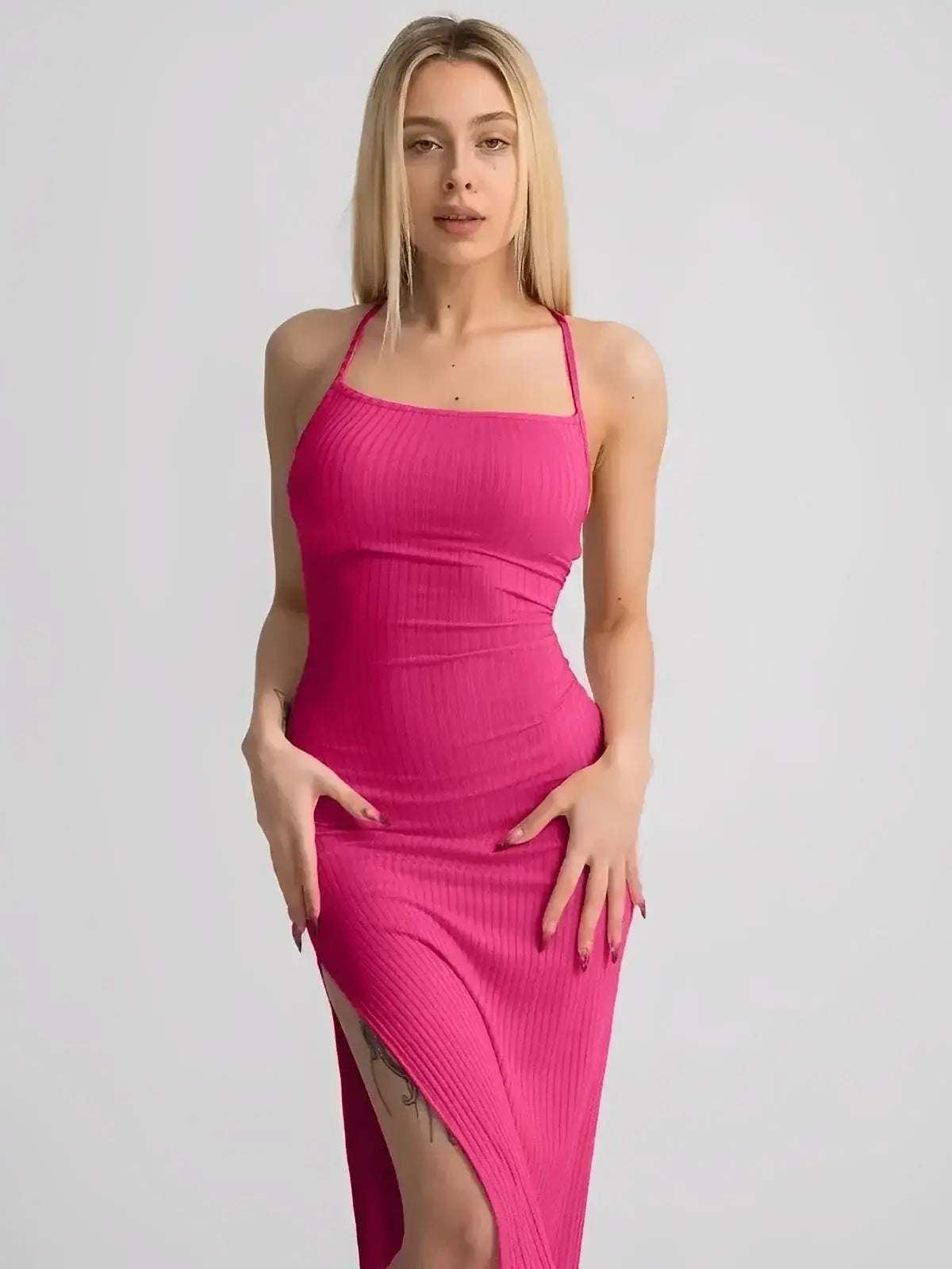 Lauven Lush Lace Midi Dress in bright pink, featuring strappy design and thigh-high side slit.