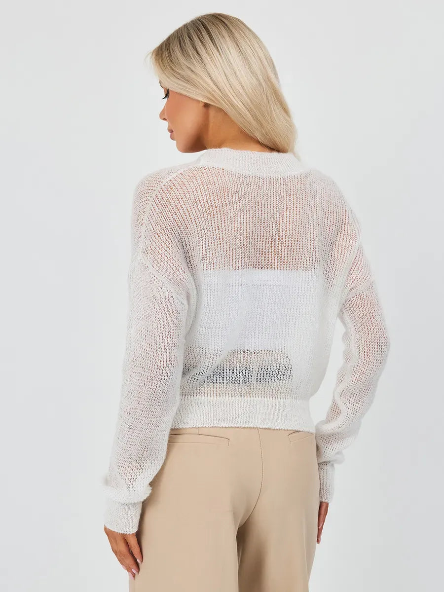 Luxe Cardigan from Lauven, oversized mohair-blend knitwear in soft ivory, showcasing a semi-transparent back view.