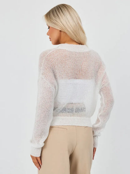 Luxe Cardigan from Lauven, oversized mohair-blend knitwear in soft ivory, showcasing a semi-transparent back view.
