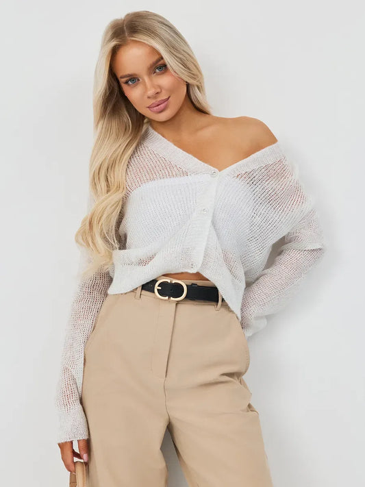 Luxe Cardigan by Lauven, oversized mohair-blend knitwear in soft ivory, styled with relaxed fit trousers.