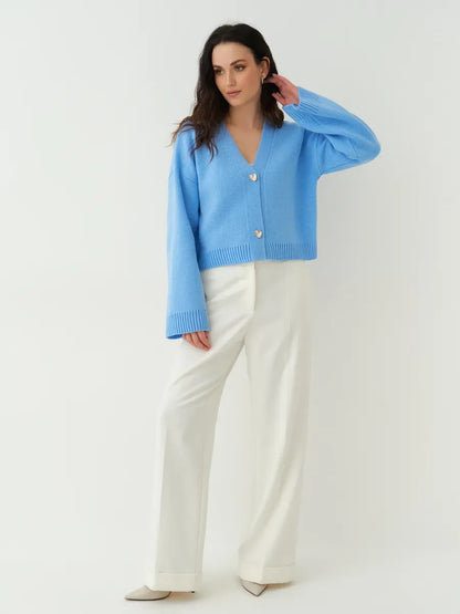 Lyra Cardigan by Lauven - Cropped blue knit sweater with heart buttons and wide sleeves