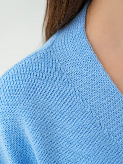Lyra Cardigan detail in sky blue knit by Lauven, showcasing the textured fabric and relaxed neckline.