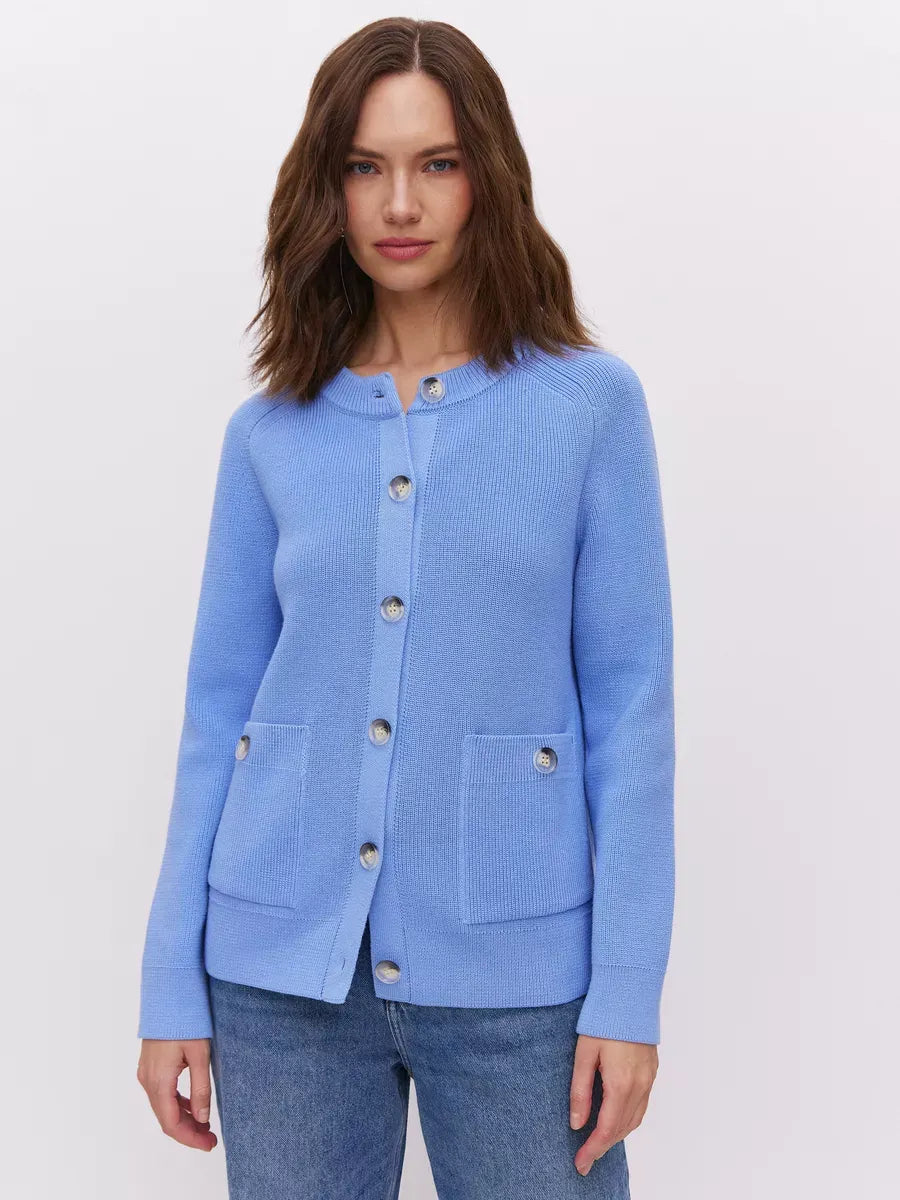 Lyra Cardigan by Lauven in soft blue, featuring button-up design and structured fit for versatility.