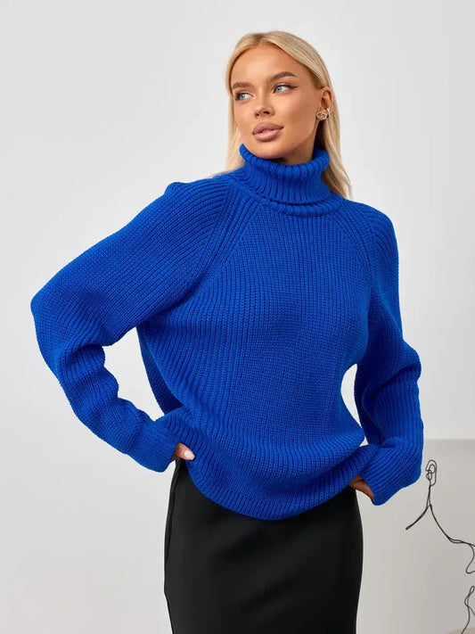 Lyra Sweater by Lauven — Oversized blue knit sweater with turtleneck elegance and relaxed fit.