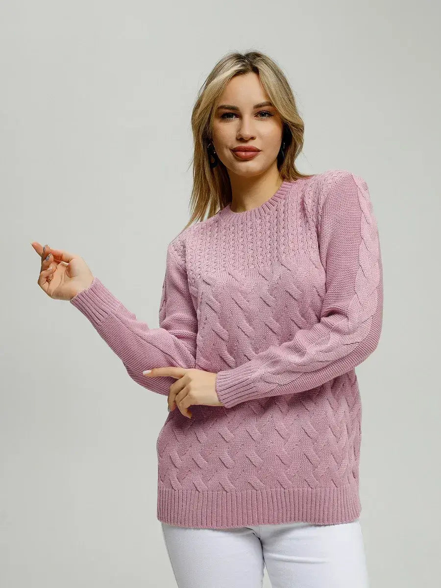Lyra Sweater by Lauven in soft lilac knitwear, featuring a stylish cable knit design for breathable comfort.