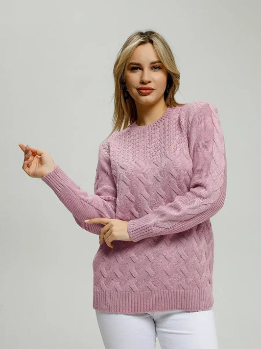 Lyra Sweater by Lauven in soft lilac knitwear, featuring a stylish cable knit design for breathable comfort.