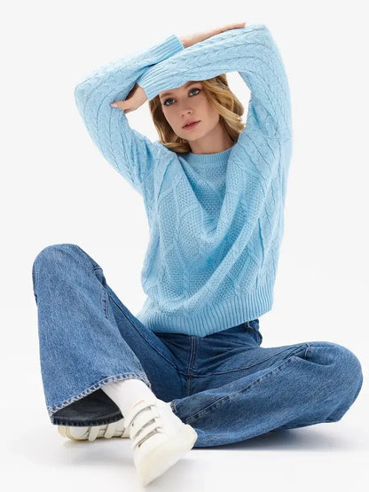 Lyra Sweater by Lauven – Light blue cable knit elegance for modern women, perfect for stylish comfort.