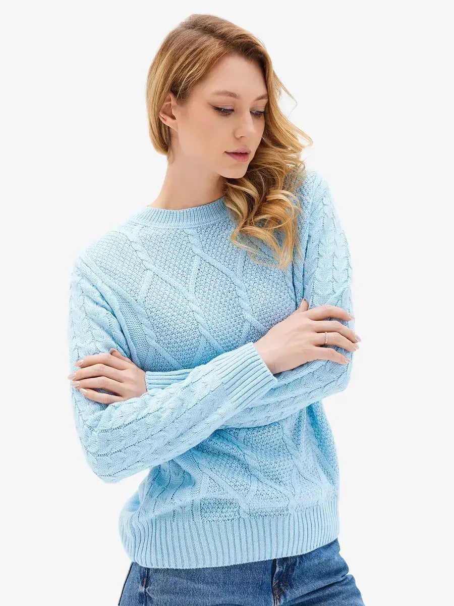 Lyra Sweater by Lauven in light blue cable knit style, offering comfort and elegance for modern women.