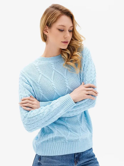 Lyra Sweater by Lauven in light blue cable knit style, offering comfort and elegance for modern women.