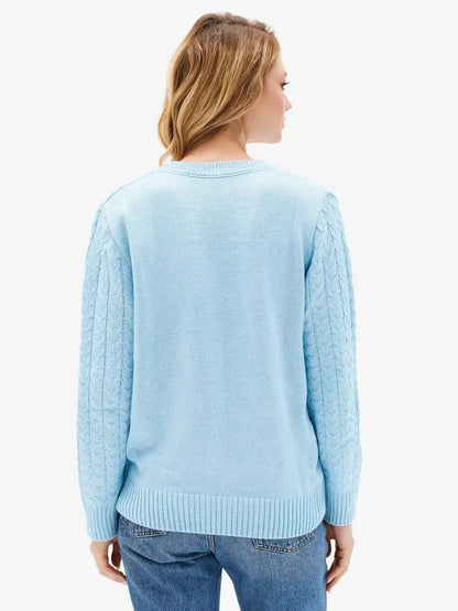 Lyra Sweater by Lauven - back view showcasing light blue cable knit design and comfortable fit.
