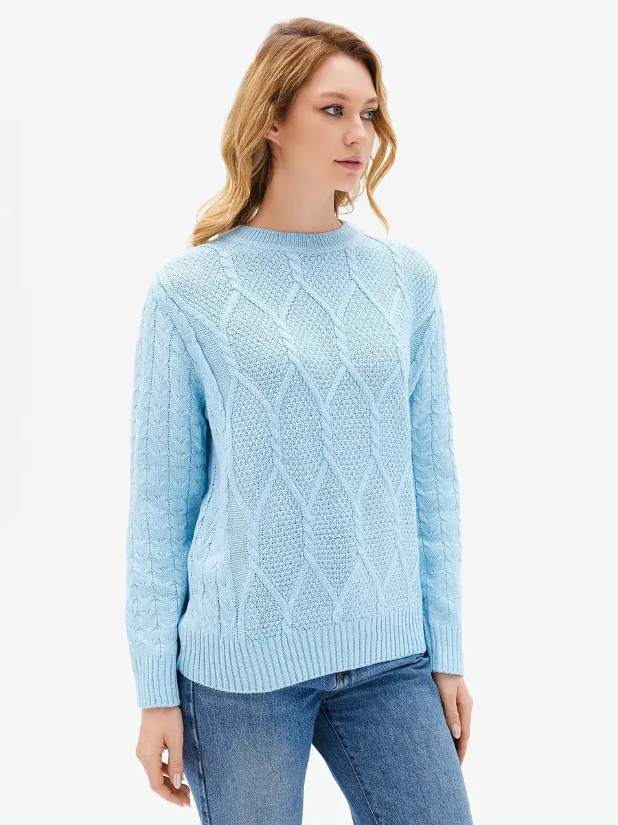 Lyra Sweater by Lauven in light blue cable knit, showcasing elegance and comfort for modern women.