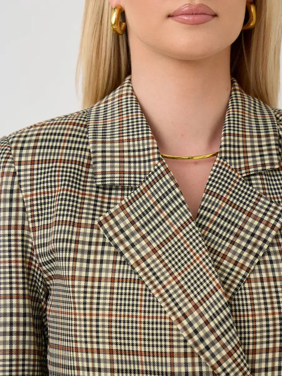 Maple Blazer by Lauven, elegant oversized brown checked women's blazer with V-neckline detail.