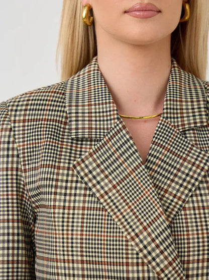 Maple Blazer by Lauven, elegant oversized brown checked women's blazer with V-neckline detail.