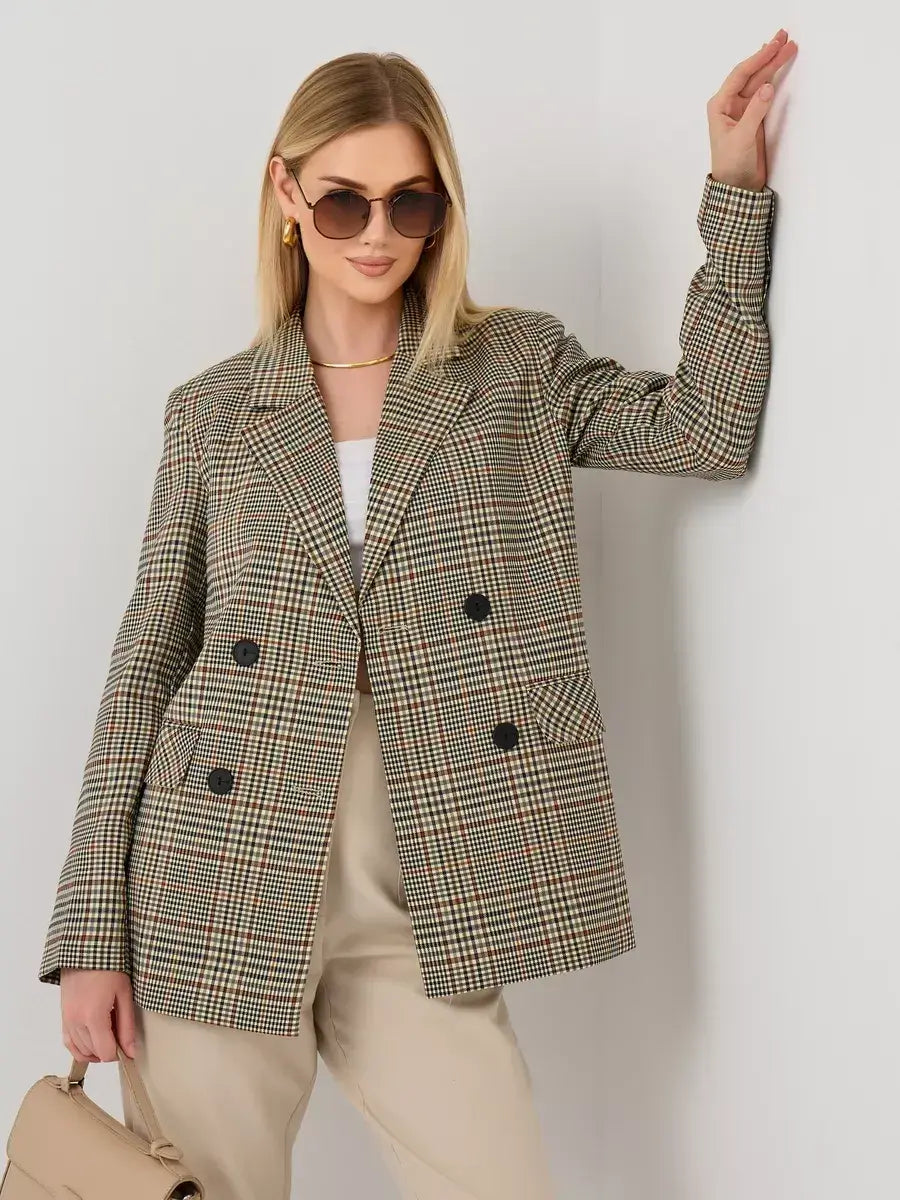 Maple Blazer by Lauven - Elegant oversized brown checked women’s blazer with a structured fit.