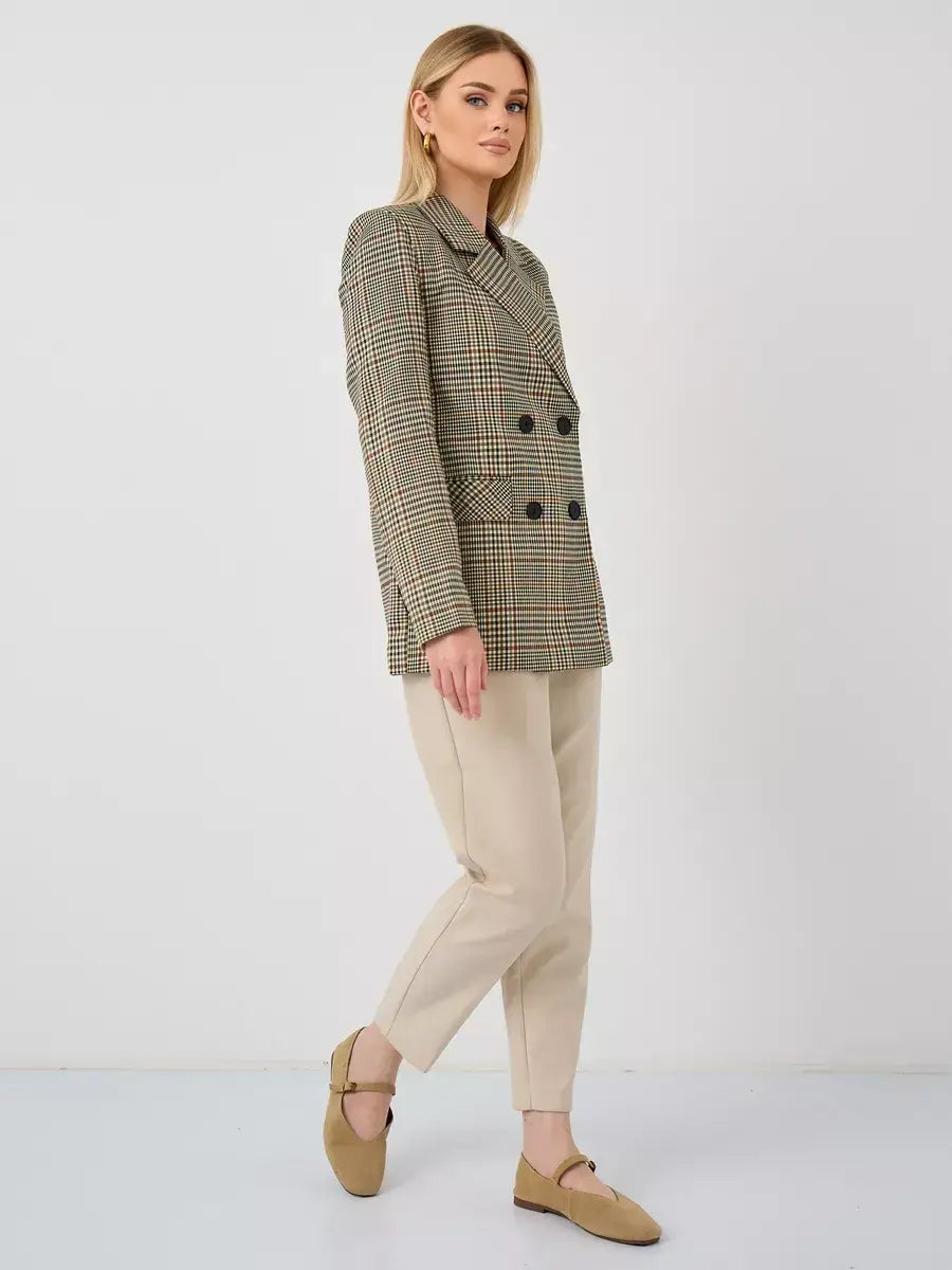 Maple Blazer by Lauven, elegant oversized brown checked women's blazer featuring a structured fit and V-neckline.