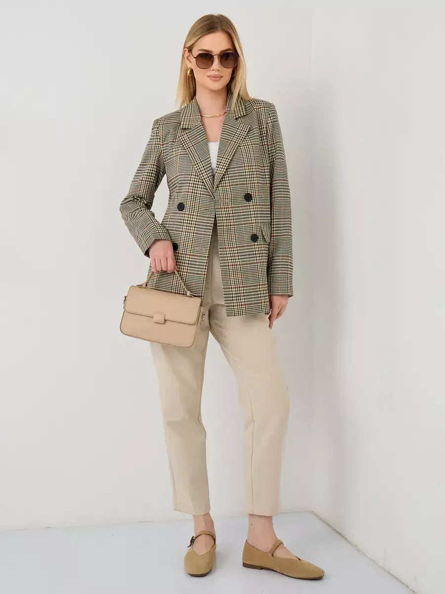 Maple Blazer by Lauven, elegant oversized brown checked women's blazer, perfect for casual or office wear.