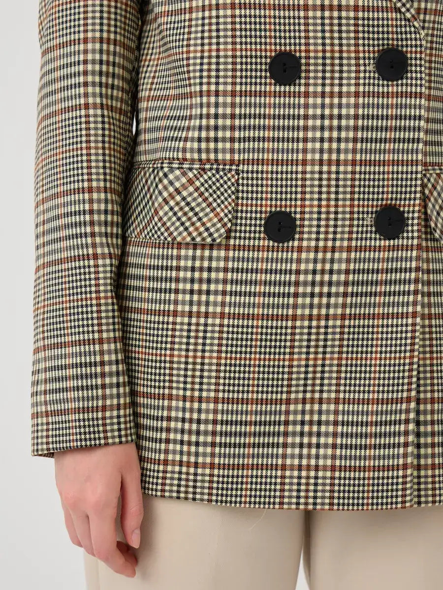 Maple Blazer by Lauven featuring a stylish brown checked pattern and double-breasted design.