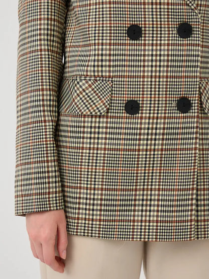 Maple Blazer by Lauven featuring a stylish brown checked pattern and double-breasted design.