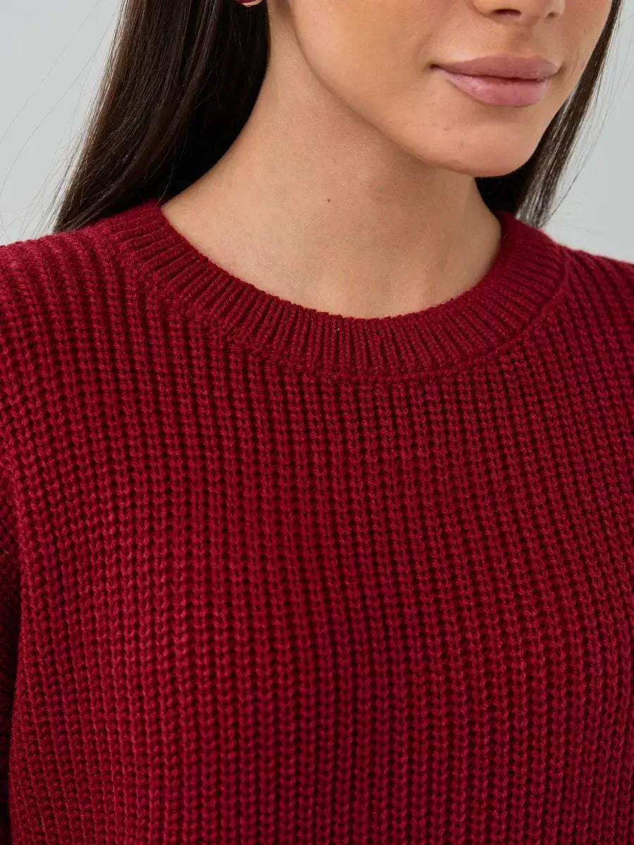 Maribel Sweater by Lauven in burgundy knit with crew neck detail, showcasing its oversized and textured design.