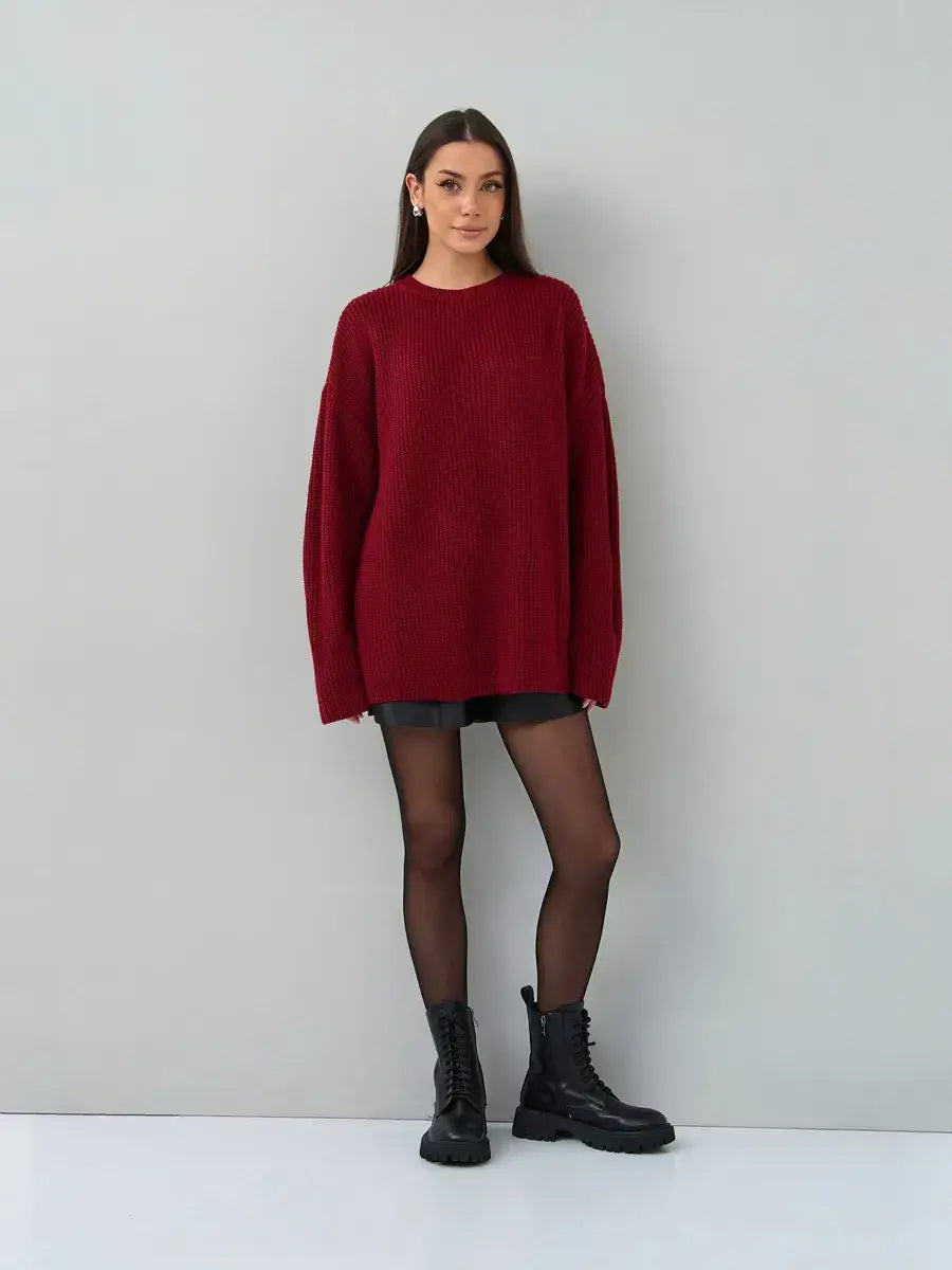 Maribel Sweater by Lauven, oversized burgundy knit pullover, perfect for women seeking comfort and style.
