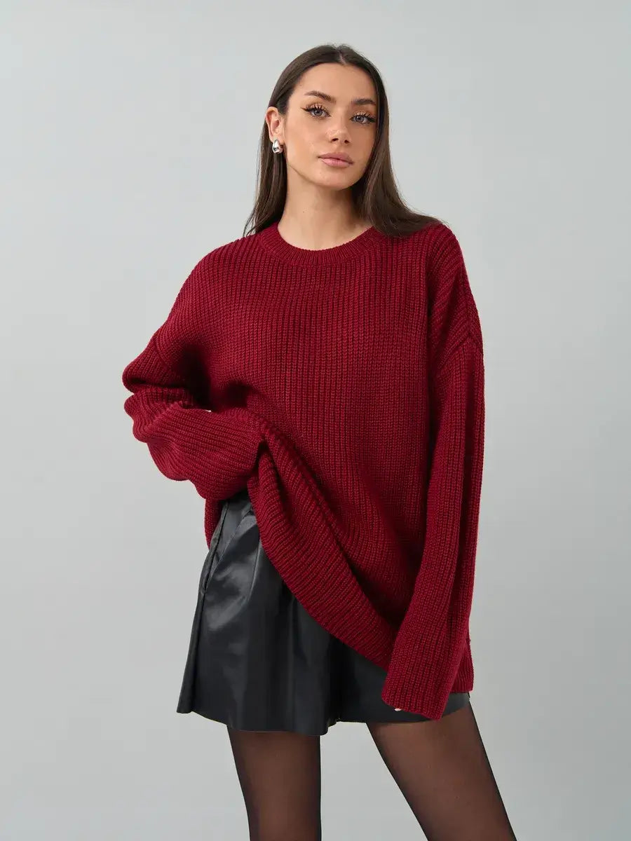 Maribel Sweater by Lauven - Oversized burgundy knit pullover styled with a leather skirt, perfect for chic autumn looks.