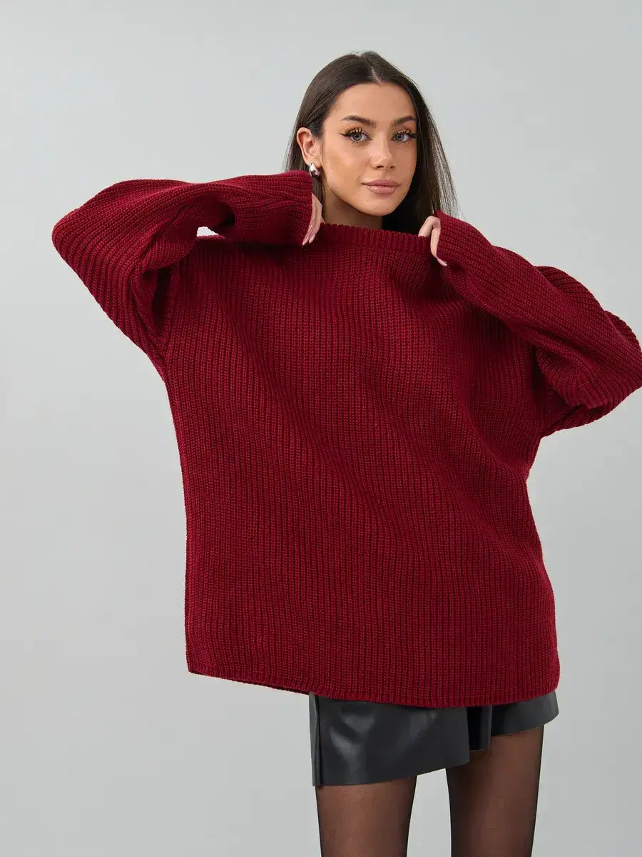 Oversized burgundy knit Maribel Sweater by Lauven, perfect for cozy and stylish looks in cooler months.