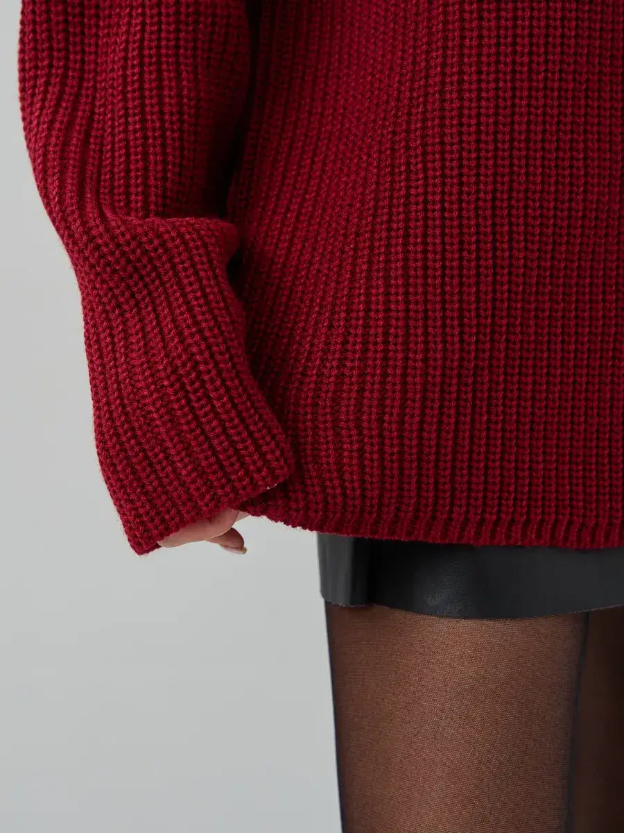 Maribel Sweater by Lauven, oversized burgundy knit with chunky ribbed texture and relaxed fit.
