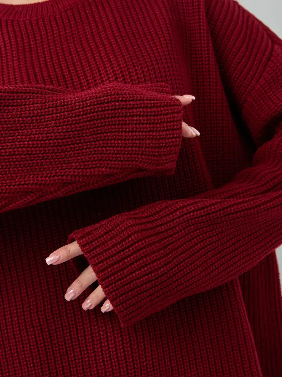 Maribel Sweater by Lauven, oversized burgundy knit with crew neck and chunky ribbed texture.